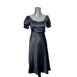 Y2K Whimsigoth‎ Satin Puff Sleeve Black Midi Dress 10 Ruched Witchy Elegant